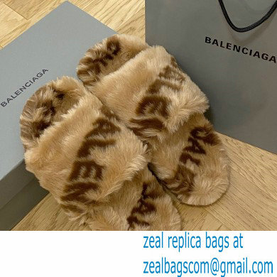 Balenciaga Allover Logo Furry Slide Sandals Brown 2022 - Click Image to Close