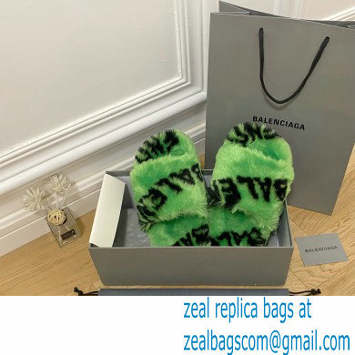 Balenciaga Allover Logo Furry Slide Sandals Green 2022