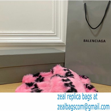 Balenciaga Allover Logo Furry Slide Sandals Pink 2022 - Click Image to Close