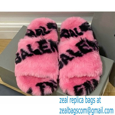 Balenciaga Allover Logo Furry Slide Sandals Pink 2022