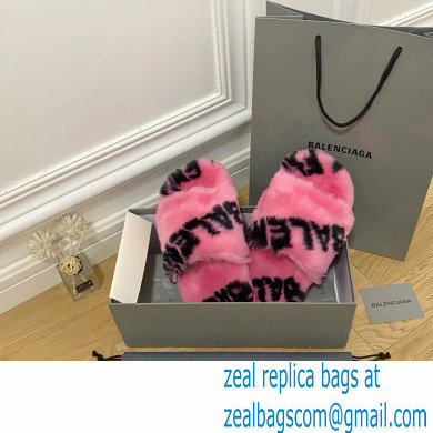 Balenciaga Allover Logo Furry Slide Sandals Pink 2022