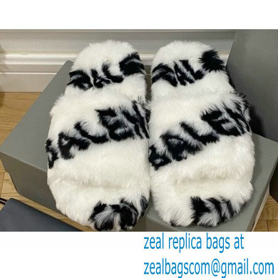 Balenciaga Allover Logo Furry Slide Sandals White 2022