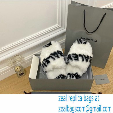 Balenciaga Allover Logo Furry Slide Sandals White 2022 - Click Image to Close