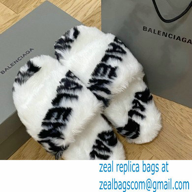 Balenciaga Allover Logo Furry Slide Sandals White 2022 - Click Image to Close