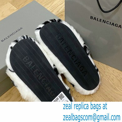 Balenciaga Allover Logo Furry Slide Sandals White 2022 - Click Image to Close
