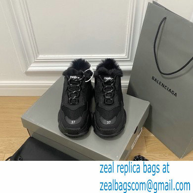 Balenciaga Triple S Black Fur Women/Men Sneakers Top Quality 2022