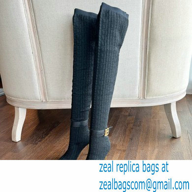 Balmain Heel 9.5cm Bicolor knit Raven thigh-high boots with monogram strap 01 2022