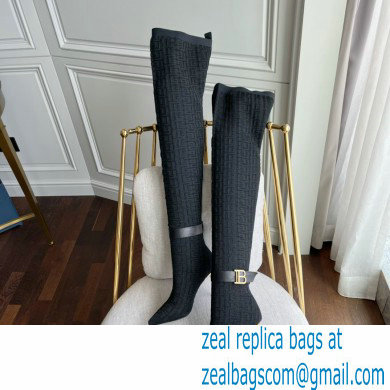 Balmain Heel 9.5cm Bicolor knit Raven thigh-high boots with monogram strap 01 2022