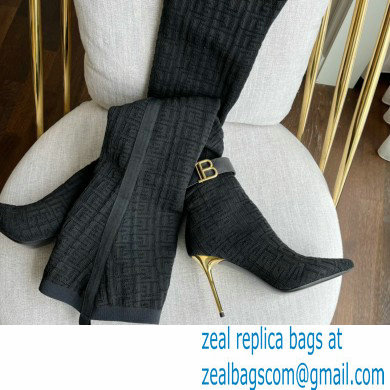 Balmain Heel 9.5cm Bicolor knit Raven thigh-high boots with monogram strap 01 2022