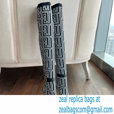 Balmain Heel 9.5cm Bicolor knit Raven thigh-high boots with monogram strap 02 2022
