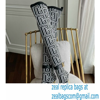 Balmain Heel 9.5cm Bicolor knit Raven thigh-high boots with monogram strap 02 2022