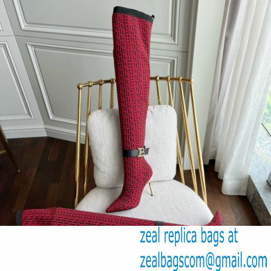 Balmain Heel 9.5cm Bicolor knit Raven thigh-high boots with monogram strap 03 2022