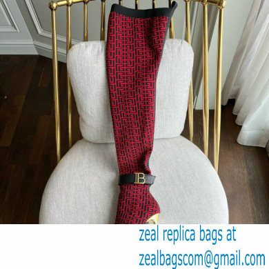Balmain Heel 9.5cm Bicolor knit Raven thigh-high boots with monogram strap 03 2022