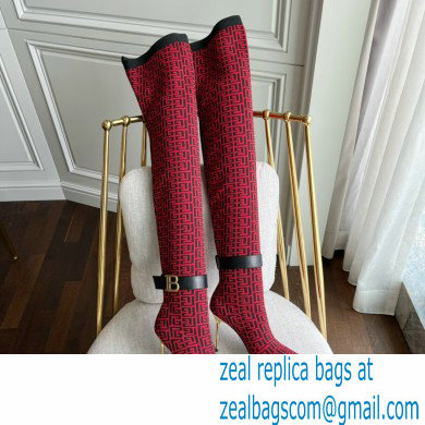 Balmain Heel 9.5cm Bicolor knit Raven thigh-high boots with monogram strap 03 2022