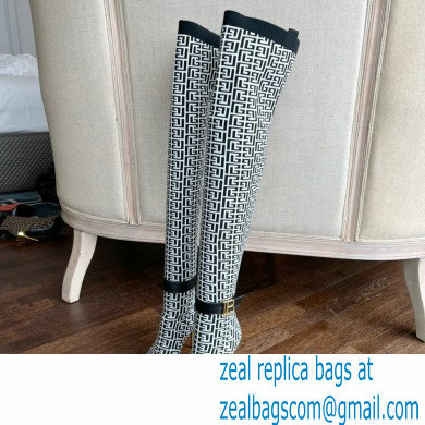 Balmain Heel 9.5cm Bicolor knit Raven thigh-high boots with monogram strap 06 2022