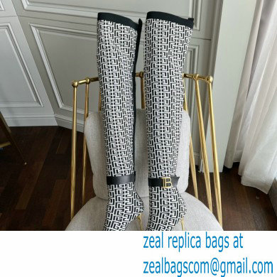 Balmain Heel 9.5cm Bicolor knit Raven thigh-high boots with monogram strap 06 2022