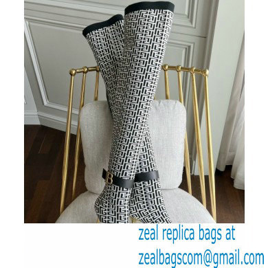 Balmain Heel 9.5cm Bicolor knit Raven thigh-high boots with monogram strap 06 2022