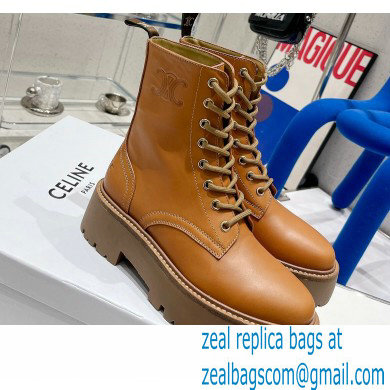 Celine Bulky Laced Up Boots In Shiny Bull Brown 2022