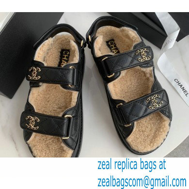 Chanel Calfskin Shearling Beach Sandals G35927 Black 2022
