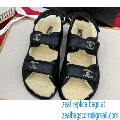 Chanel Suede Calfskin Shearling Beach Sandals G35927 Black 2022