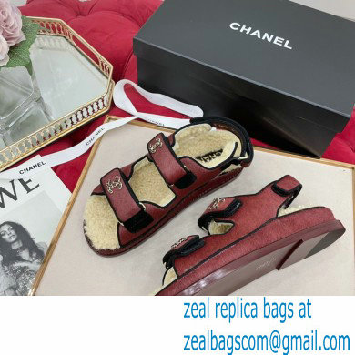 Chanel Suede Calfskin Shearling Beach Sandals G35927 Burgundy 2022