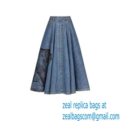 DIOR Blue Lightweight Cotton Denim with Macro Toile de Jouy Motif Mid-Length Skirt 2022