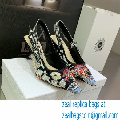 Dior Heel 6.5cm J'Adior Slingback Pumps in Black Embroidered Cotton with Toile de Jouy Pop Motif in Multicolor Beads and Strass 2022 - Click Image to Close