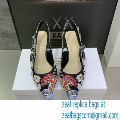 Dior Heel 6.5cm J'Adior Slingback Pumps in Black Embroidered Cotton with Toile de Jouy Pop Motif in Multicolor Beads and Strass 2022