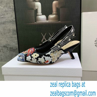 Dior Heel 6.5cm J'Adior Slingback Pumps in Black Embroidered Cotton with Toile de Jouy Pop Motif in Multicolor Beads and Strass 2022