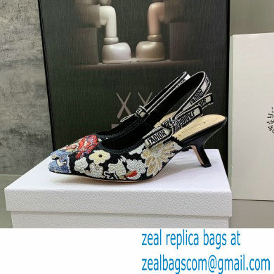 Dior Heel 6.5cm J'Adior Slingback Pumps in Black Embroidered Cotton with Toile de Jouy Pop Motif in Multicolor Beads and Strass 2022 - Click Image to Close