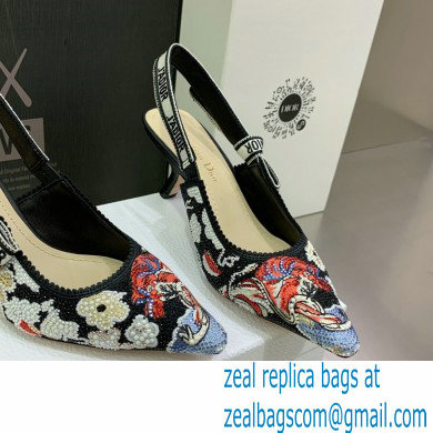 Dior Heel 6.5cm J'Adior Slingback Pumps in Black Embroidered Cotton with Toile de Jouy Pop Motif in Multicolor Beads and Strass 2022