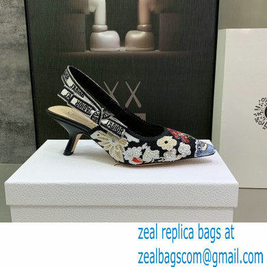Dior Heel 6.5cm J'Adior Slingback Pumps in Black Embroidered Cotton with Toile de Jouy Pop Motif in Multicolor Beads and Strass 2022 - Click Image to Close