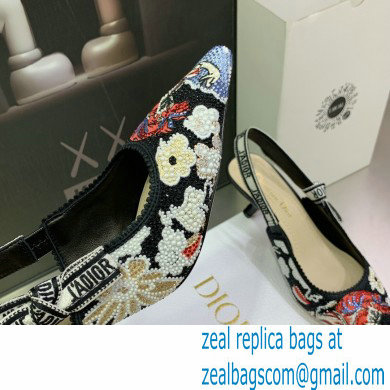 Dior Heel 6.5cm J'Adior Slingback Pumps in Black Embroidered Cotton with Toile de Jouy Pop Motif in Multicolor Beads and Strass 2022