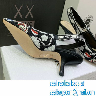 Dior Heel 6.5cm J'Adior Slingback Pumps in Black Embroidered Cotton with Toile de Jouy Pop Motif in Multicolor Beads and Strass 2022