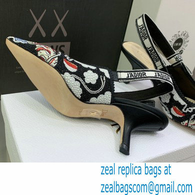 Dior Heel 6.5cm J'Adior Slingback Pumps in Black Embroidered Cotton with Toile de Jouy Pop Motif in Multicolor Beads and Strass 2022 - Click Image to Close