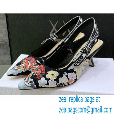 Dior Heel 6.5cm J'Adior Slingback Pumps in Black Multicolor Embroidered Cotton with Toile de Jouy Pop Motif 2022