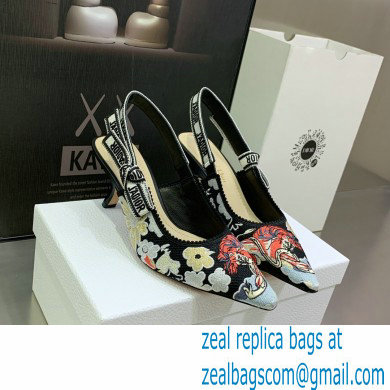 Dior Heel 6.5cm J'Adior Slingback Pumps in Black Multicolor Embroidered Cotton with Toile de Jouy Pop Motif 2022