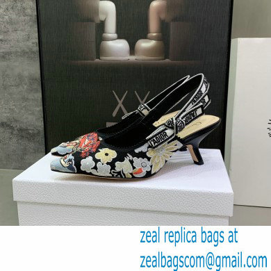 Dior Heel 6.5cm J'Adior Slingback Pumps in Black Multicolor Embroidered Cotton with Toile de Jouy Pop Motif 2022