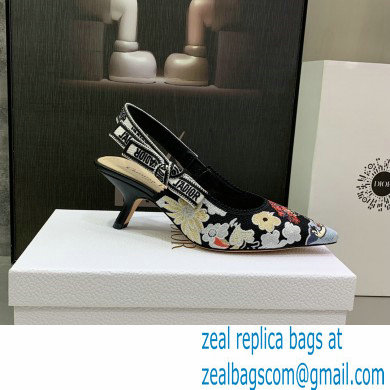 Dior Heel 6.5cm J'Adior Slingback Pumps in Black Multicolor Embroidered Cotton with Toile de Jouy Pop Motif 2022