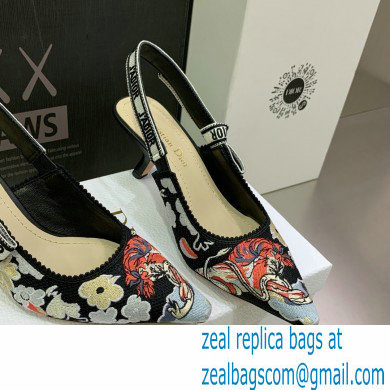 Dior Heel 6.5cm J'Adior Slingback Pumps in Black Multicolor Embroidered Cotton with Toile de Jouy Pop Motif 2022