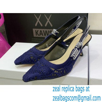 Dior Heel 6.5cm J'Adior Slingback Pumps in Macrame Embroidered Cotton Blue 2022