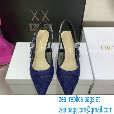 Dior Heel 6.5cm J'Adior Slingback Pumps in Macrame Embroidered Cotton Blue 2022