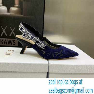 Dior Heel 6.5cm J'Adior Slingback Pumps in Macrame Embroidered Cotton Blue 2022