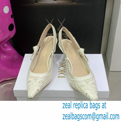 Dior Heel 6.5cm J'Adior Slingback Pumps in Macrame Embroidered Cotton White 2022