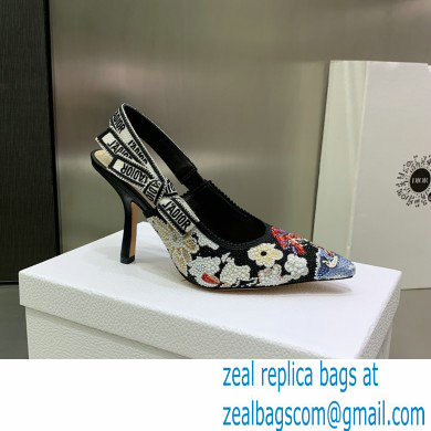 Dior Heel 9.5cm J'Adior Slingback Pumps in Black Embroidered Cotton with Toile de Jouy Pop Motif in Multicolor Beads and Strass 2022