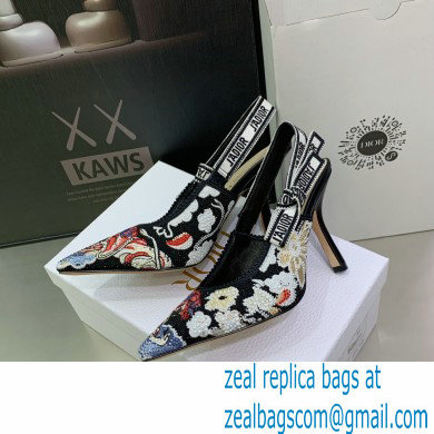 Dior Heel 9.5cm J'Adior Slingback Pumps in Black Embroidered Cotton with Toile de Jouy Pop Motif in Multicolor Beads and Strass 2022 - Click Image to Close