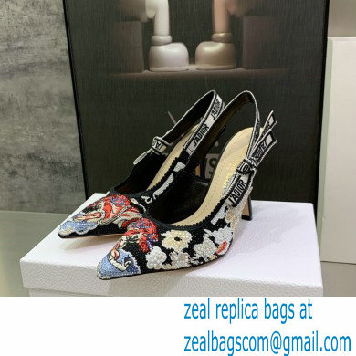 Dior Heel 9.5cm J'Adior Slingback Pumps in Black Embroidered Cotton with Toile de Jouy Pop Motif in Multicolor Beads and Strass 2022 - Click Image to Close