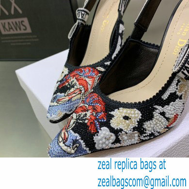 Dior Heel 9.5cm J'Adior Slingback Pumps in Black Embroidered Cotton with Toile de Jouy Pop Motif in Multicolor Beads and Strass 2022 - Click Image to Close