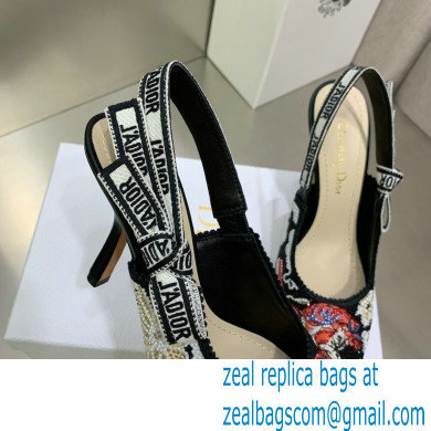 Dior Heel 9.5cm J'Adior Slingback Pumps in Black Embroidered Cotton with Toile de Jouy Pop Motif in Multicolor Beads and Strass 2022 - Click Image to Close