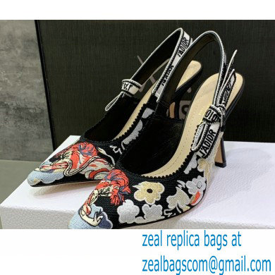 Dior Heel 9.5cm J'Adior Slingback Pumps in Black Multicolor Embroidered Cotton with Toile de Jouy Pop Motif 2022